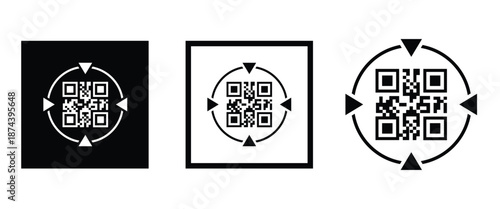 Three bold black square frames, each containing a classic black and white QR code pattern. Clean, minimalist vector design arranged horizontally on transparent background. Ideal for tech branding.