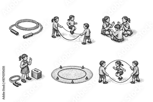 Children playing games: vintage stippling art of jump rope and group activities