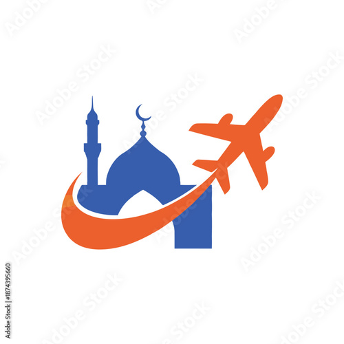 Vector of a mosque with a crescent moon and an airplane flying over an orange swoosh, symbolizing Islamic travel and pilgrimage