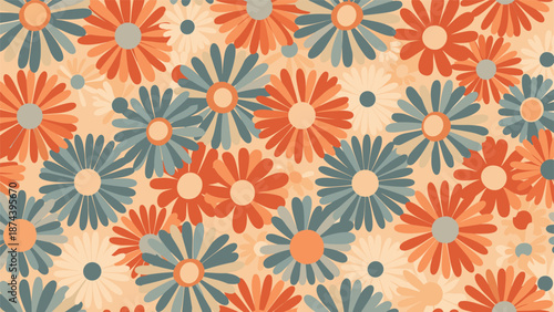 Vintage-style floral pattern with orange, teal, and cream daisies overlapping in a dense and vibrant repeat design for textile or wallpaper art.