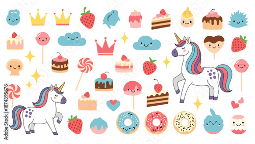 Large collection of cute stickers including unicorns, crowns, donuts, cakes, strawberries, hearts, and clouds in soft pastel colors for kids.
