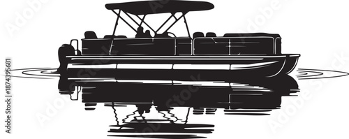 Black silhouette of a pontoon boat on water with reflection watercraft vessel