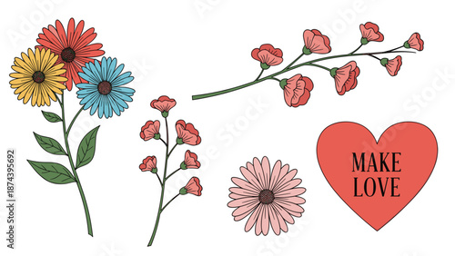 Romantic arrangement of colorful flowers on long stems and a large red heart with the message Make Love written inside in bold black letters.