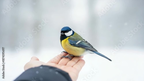 Person feeding little yellow and blue bird in snowy landscape
