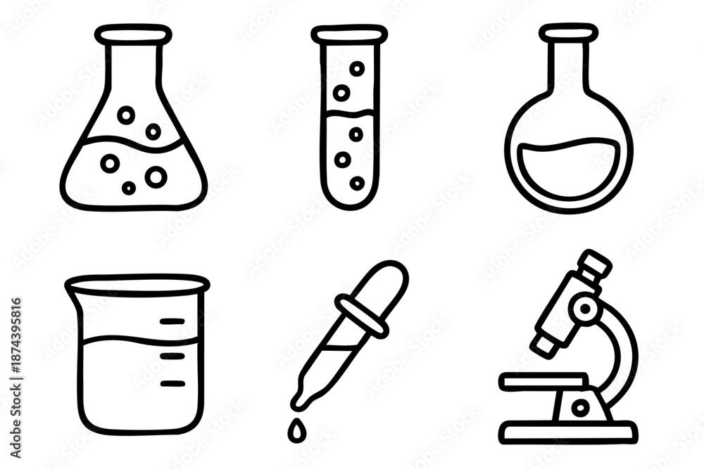 Obraz premium Science laboratory and chemistry equipment icons set in outline doodle style