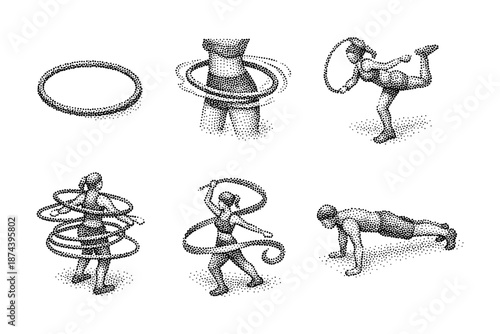 Retro halftone style fitness hula hoops: dynamic exercise routines in classic dots