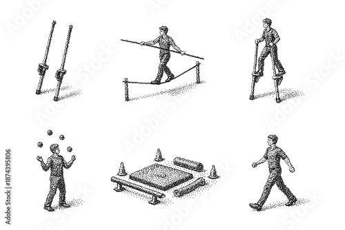 Vintage isometric circus acts: tightrope walking, juggling, stilt walking, and balance training