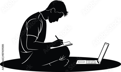 Young man silhouette studying and writing notes beside laptop while sitting on floor, focused learning and remote education concept