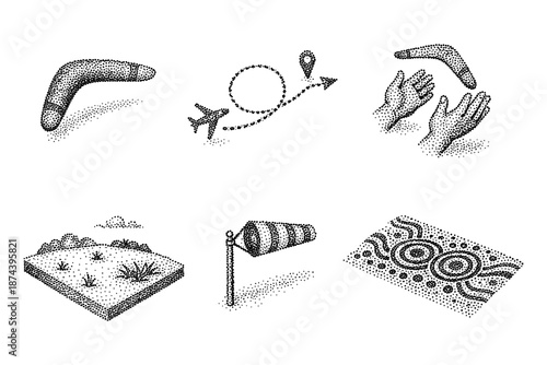 Stipple art of australian symbols: boomerang, outback, and more in dot style