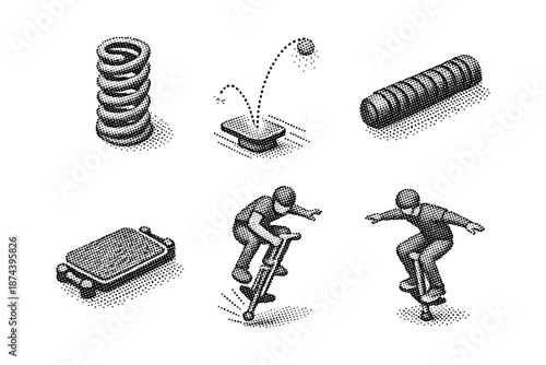 Halftone style bouncing objects and motion figures set