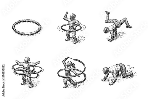 Retro dot art of figures with hoops and dynamic movements