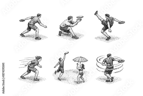 Vintage style dot illustrations of people playing frisbee in various dynamic poses