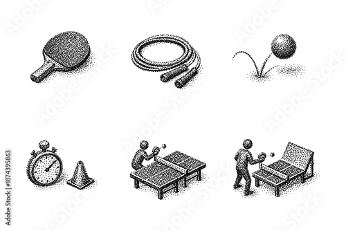 Creative dotted style ping pong and fitness equipment icons collection