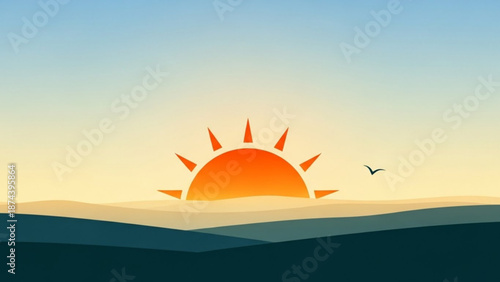 A vibrant vector graphic illustration of a serene sunrise over rolling hills with a bird in flight