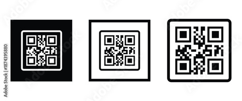 Three bold black square frames, each containing a classic black and white QR code pattern. Clean, minimalist vector design arranged horizontally on transparent background. Ideal for tech branding.