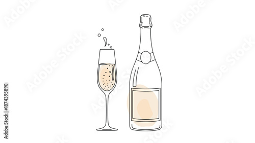 Minimalist line drawing of a champagne bottle and a tall glass filled with bubbly sparkling wine and a small peach-colored accent for party.