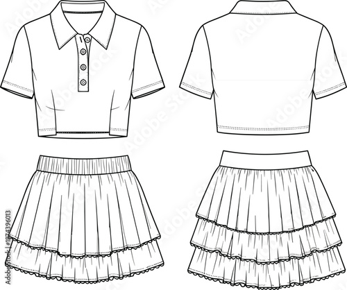 Fashion, technical, flat, sketch, women, polo, shirt, and, tiered, ruffled, skirt, front, back, view, apparel, design, vector, illustration, outline, template