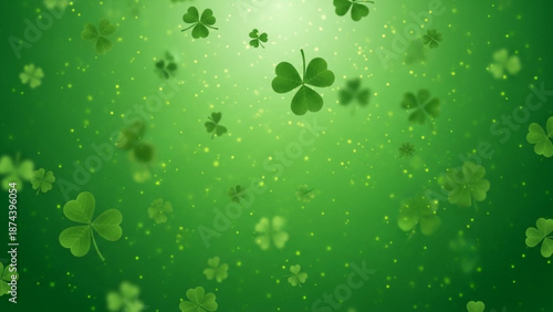 A vibrant green background with scattered four-leaf clovers and sparkling dots