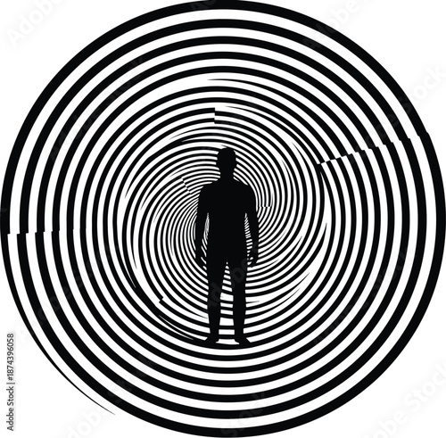 Human silhouette standing inside hypnotic spiral tunnel representing psychology illusion mind control anxiety and surreal abstract concept isolated on white background