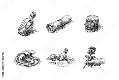Vintage nautical elements in dotwork style: bottles, scroll, wax seal, ocean waves, shells, and rose