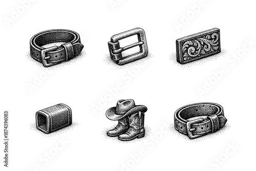 Western accessories in vintage stipple style for retro fashion design