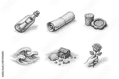 Vintage ink dot art: nautical and romantic collection in pointillism style