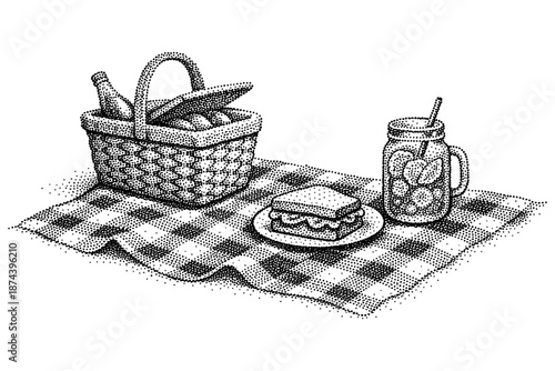 Halftone picnic scene with basket, sandwich, and refreshing drink on checkered blanket