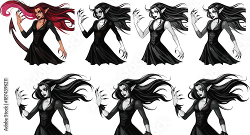 Gothic, anime, girl, character, poses, dark, fantasy, illustration, manga, style, female, motion, hair, dress, magic, witch, vector, design, concept, set
