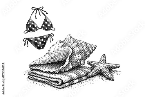 Retro beach essentials with seashell and bikini in halftone style