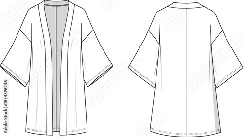 kimono cad drawing flat vector template fashion technical robe mockup apparel front back sketch garment design clothing cardigan