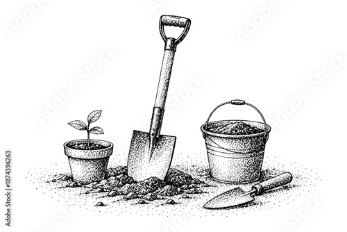Vintage gardening tools and plant with detailed dotwork style