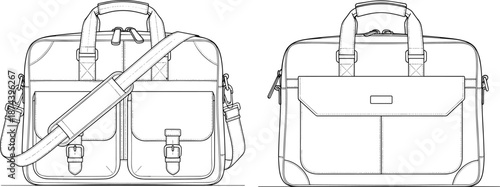 Leather messenger bag technical sketch, front and back view, travel briefcase design, fashion accessory template, cad drawing flat vector