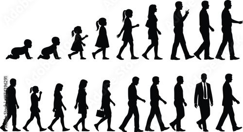 Human, evolution, silhouettes, growth, stages, baby, child, adult, walking, development, life, cycle, progress, age, sequence, people, black, white, vector, illustration