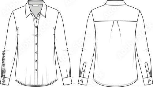 Long sleeve button up shirt technical fashion illustration, cad drawing flat vector for apparel design, tailoring, manufacturing production template