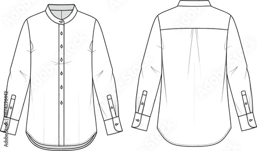 Long sleeve band collar shirt technical fashion illustration front and back view, cad drawing flat vector for apparel design
