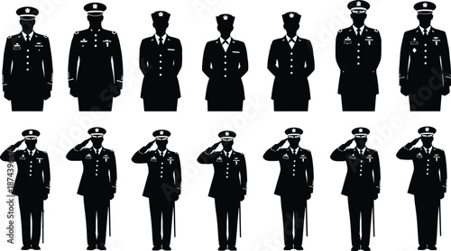 Military, officers, silhouettes, uniform, saluting, standing, army, defense, service, authority, leadership, ceremony, security, personnel, formal, black, white, vector, illustration, set