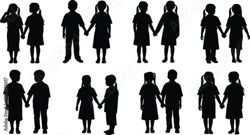 Children silhouettes holding hands, boys and girls friendship poses, cute kids standing together, black child figures, isolated on white background
