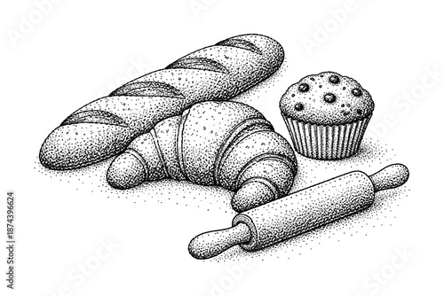 Detailed dot art of bread, croissant, muffin with rolling pin