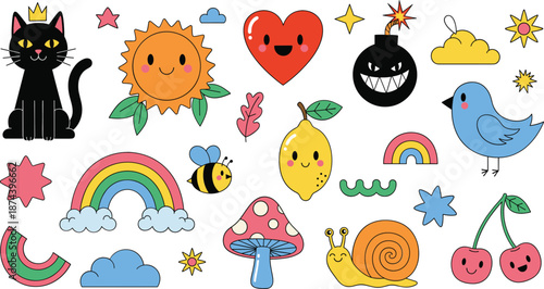 Cute cartoon doodle elements set with animals fruits weather and fantasy icons isolated on white background vector