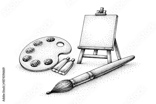 Stippled art tools: easel, palette, and brush for creative design