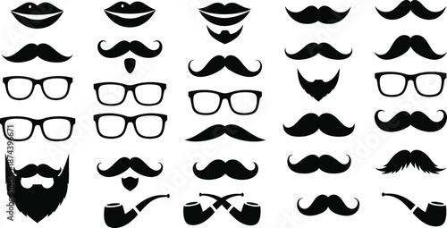 Mustache, beard, lips, glasses, icons, set, retro, vintage, hipster, facial, hair, male, style, barber, grooming, black, silhouette, vector, illustration, collection