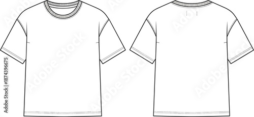 Men basic t shirt technical sketch, front and back view, casual fashion apparel template, garment design, cad drawing flat vector