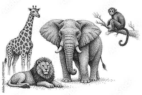Detailed pointillism safari animals on white background