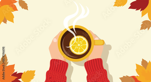 Hands holding a warm cup of lemon tea amidst autumn leaves a comforting seasonal beverage illustration