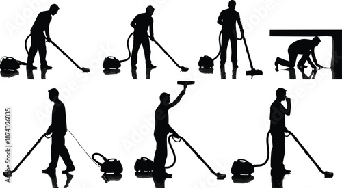 Cleaner silhouette vacuuming floor, professional cleaning worker poses, housekeeping service activities, black human figures, isolated on white background