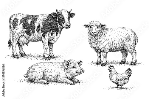 Farm animals in retro stipple art style: cow, sheep, pig, and chicken