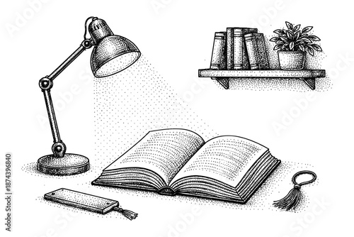 Vintage reading setup with open book, desk lamp, and bookshelf in dotwork style