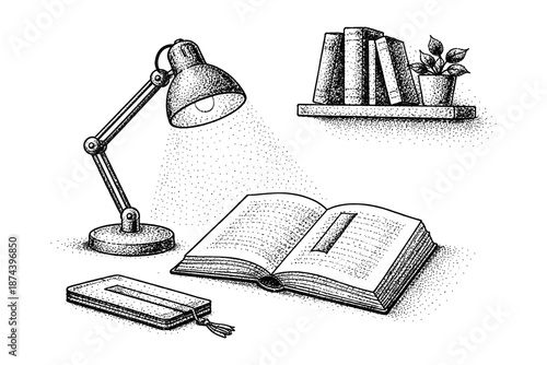 Vintage study desk: open book, lamp, and plant in handcrafted stipple style