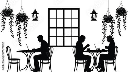 People working and relaxing in cafe silhouette illustration showing laptop use, coffee drinking and social interaction with hanging plants isolated on white background