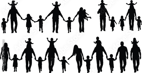 Family silhouettes walking together, parents with children on shoulders, happy outdoor lifestyle poses, black human figures, isolated on white background